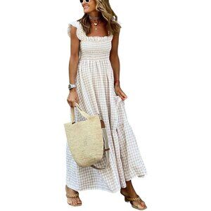 Women's Retro Plaid Smocked Dress Spaghetti Strap Flounce Long Dress
